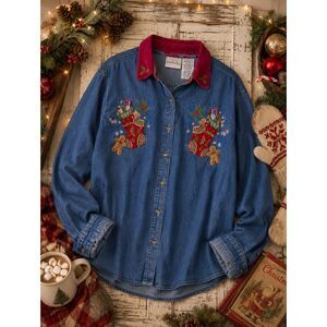Vintage Bobbie Brooks Embroidered Christmas Denim Shirt Corduroy Collar 16/18W